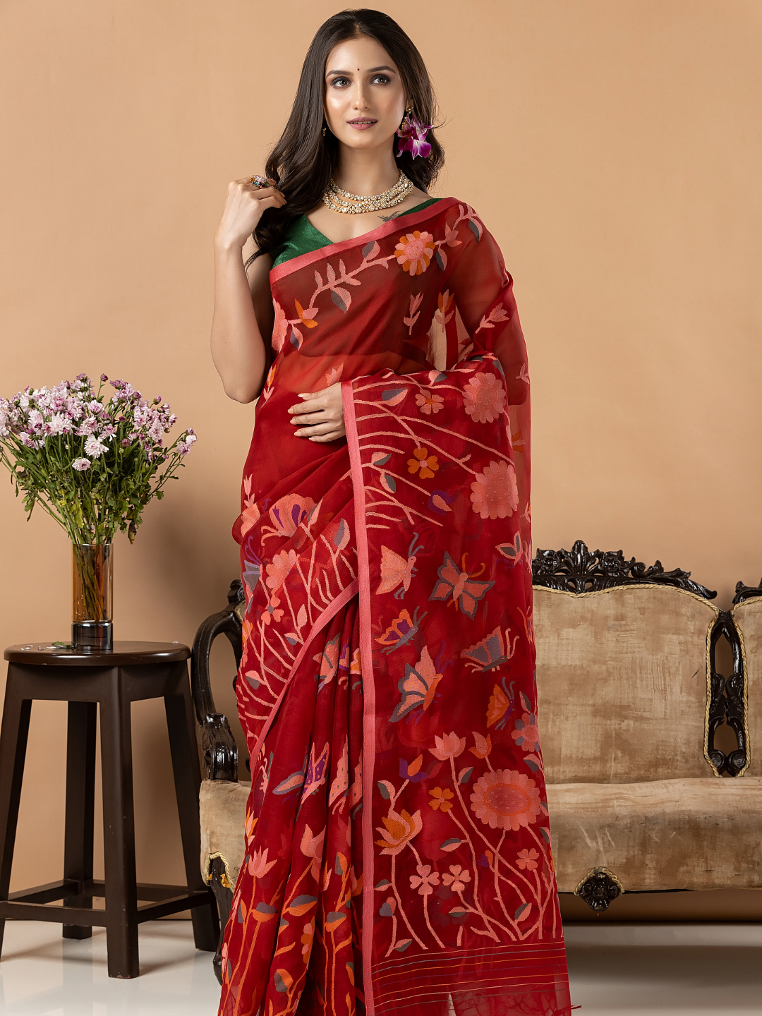 Handwoven Jamdani Muslin Silk Saree | Deep Red