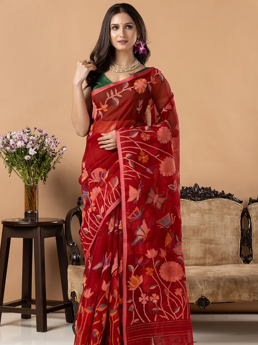Handwoven Jamdani Muslin Silk Saree | Deep Red