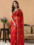 Handwoven Jamdani Muslin Silk Saree | Bright Red