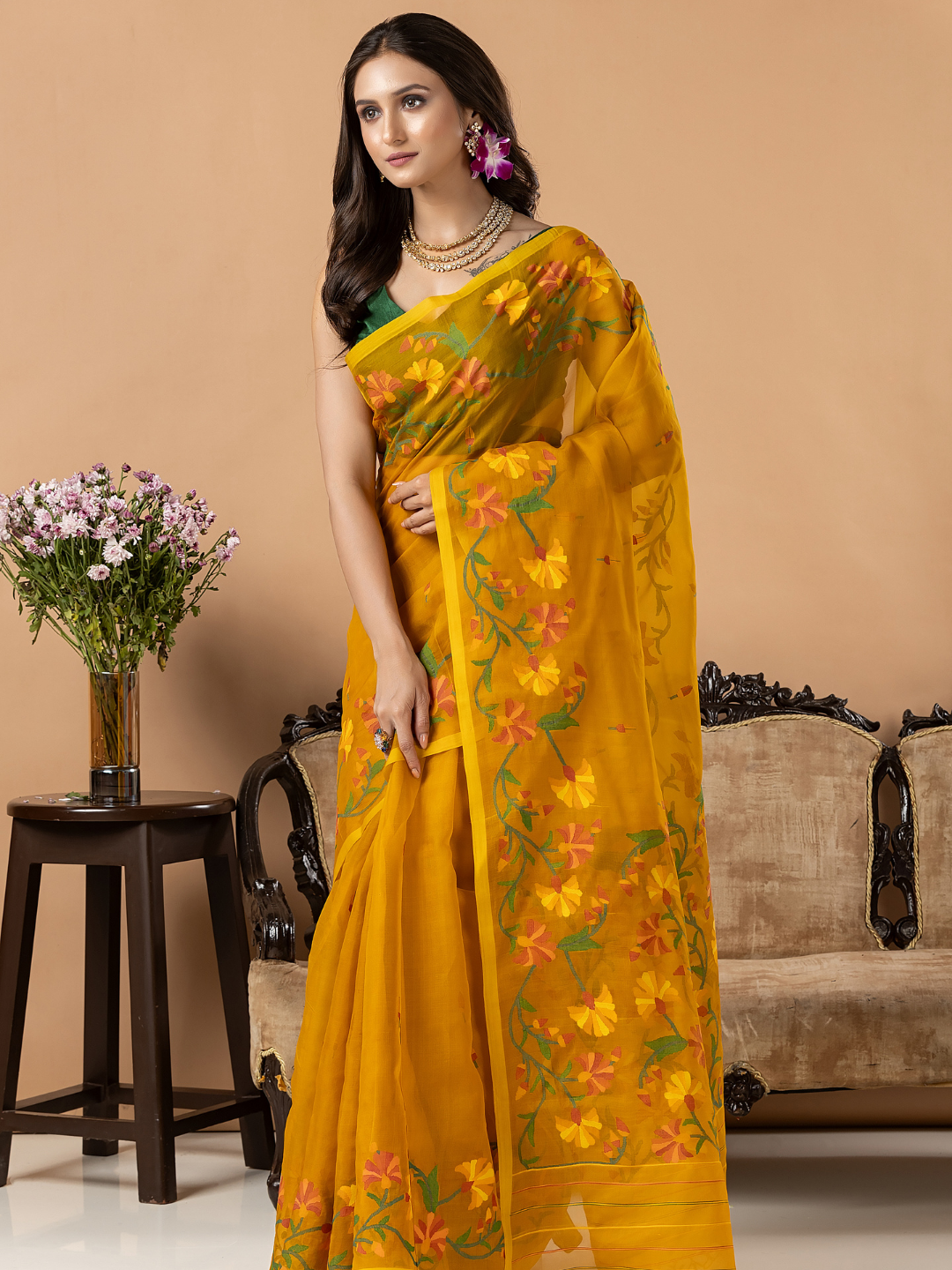 Handwoven Jamdani Muslin Silk Saree | Mustard Yellow