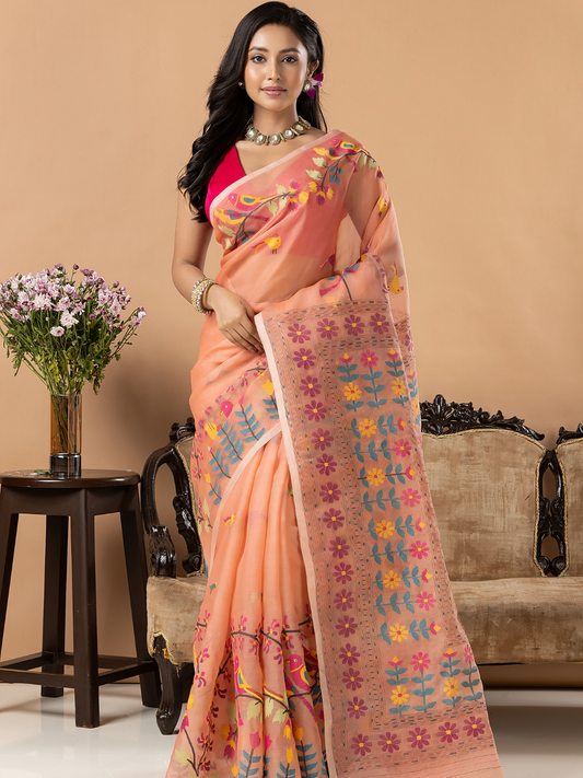 Handwoven Jamdani Muslin Silk Saree | Peach Coral