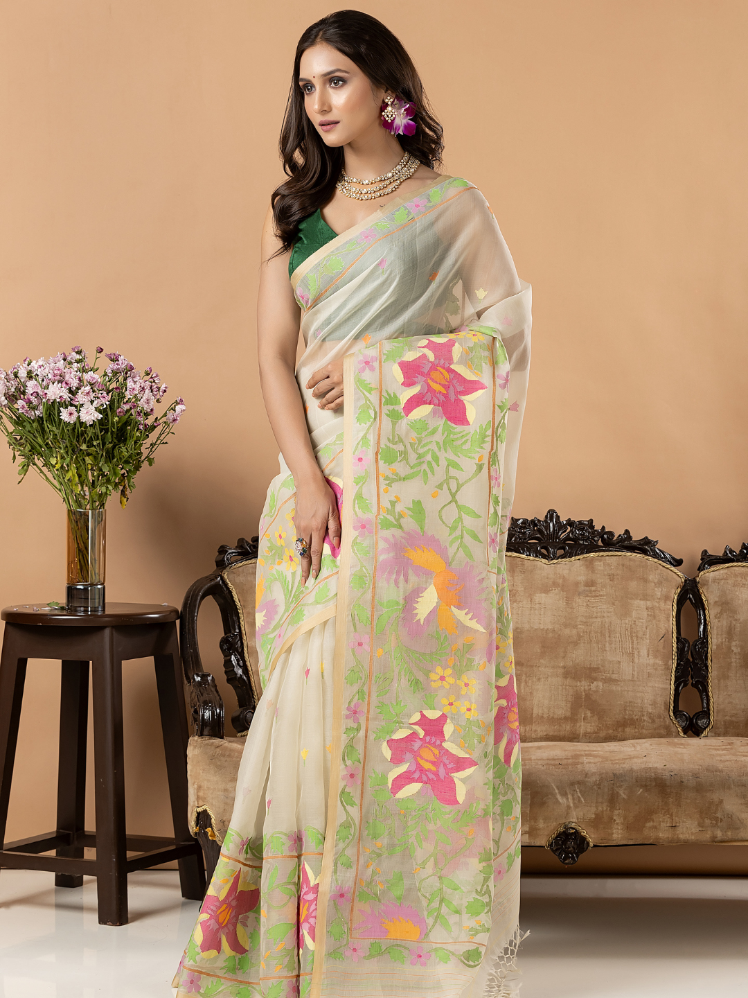 Handwoven Jamdani Muslin Silk Saree | Ivory Cream