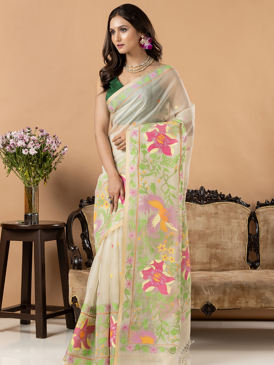 Handwoven Jamdani Muslin Silk Saree | Ivory Cream