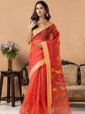 Handwoven Jamdani Muslin Silk Saree | Coral Orange