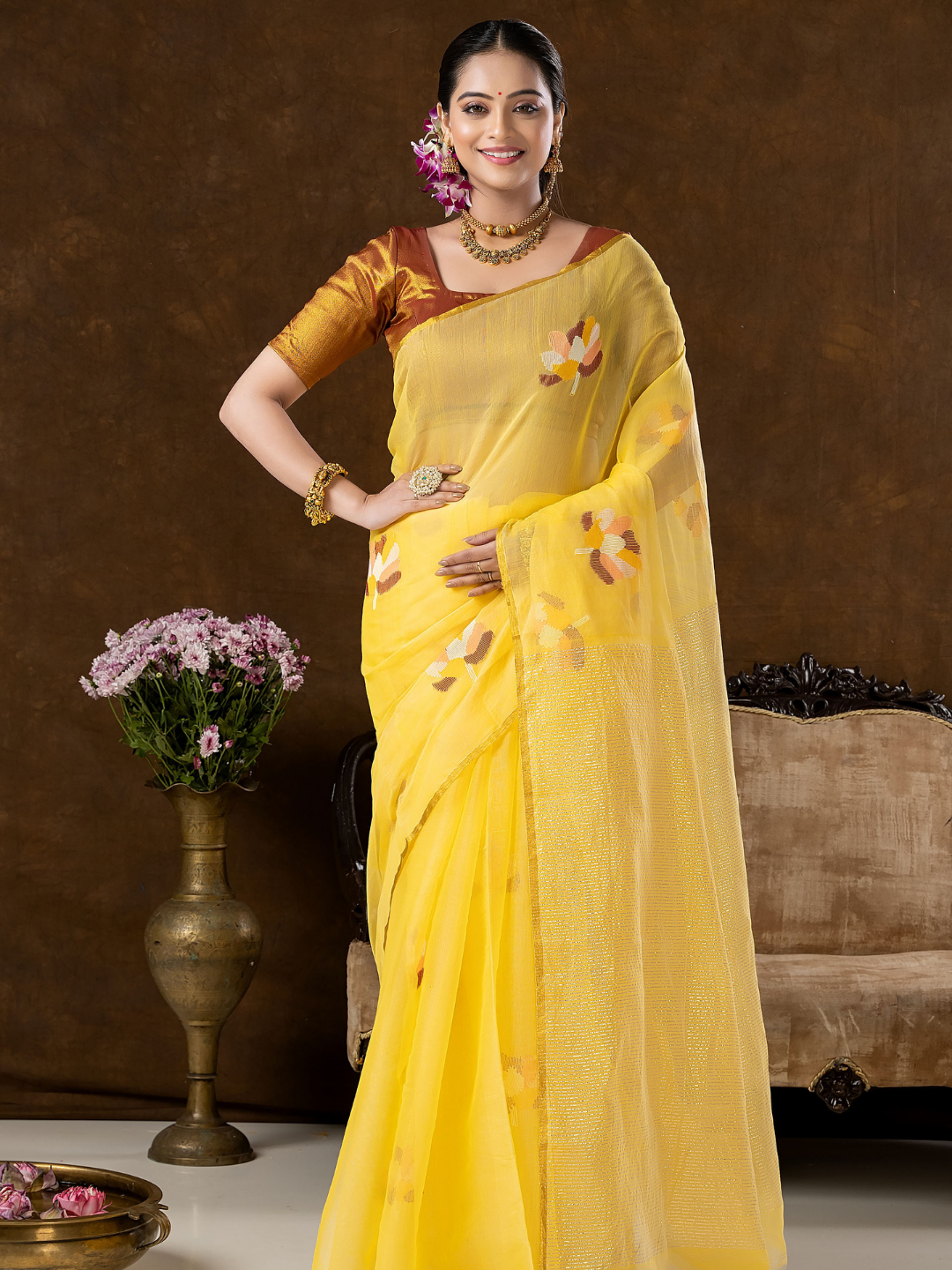 Handwoven Jamdani Muslin Silk Saree | Lemon Yellow