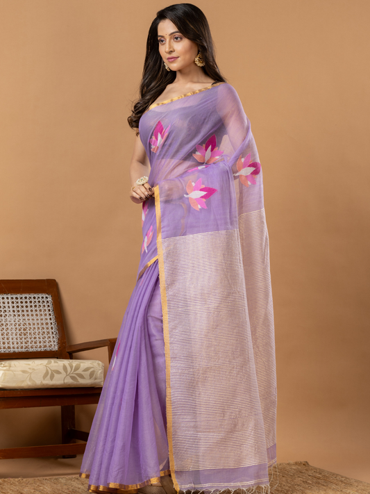 Handwoven Jamdani Muslin Silk Saree | Lavender