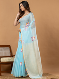 Handwoven Jamdani Muslin Silk Saree | Sky Blue