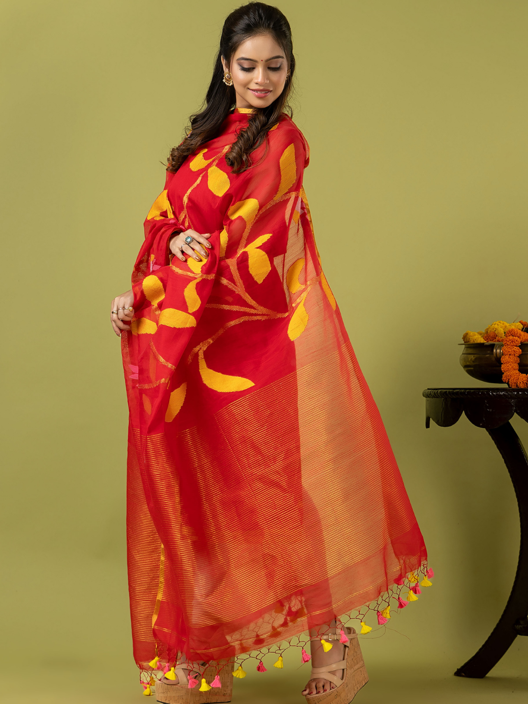 Handwoven Jamdani Silk Cotton Unstitched 2-piece Kurti | Vermilion Red