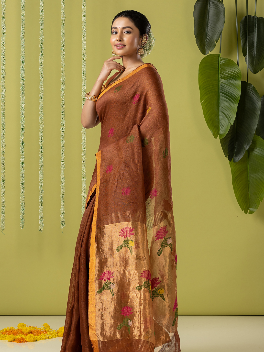 Handwoven Jamdani Silk Tissue Linen Saree | Rust Brown
