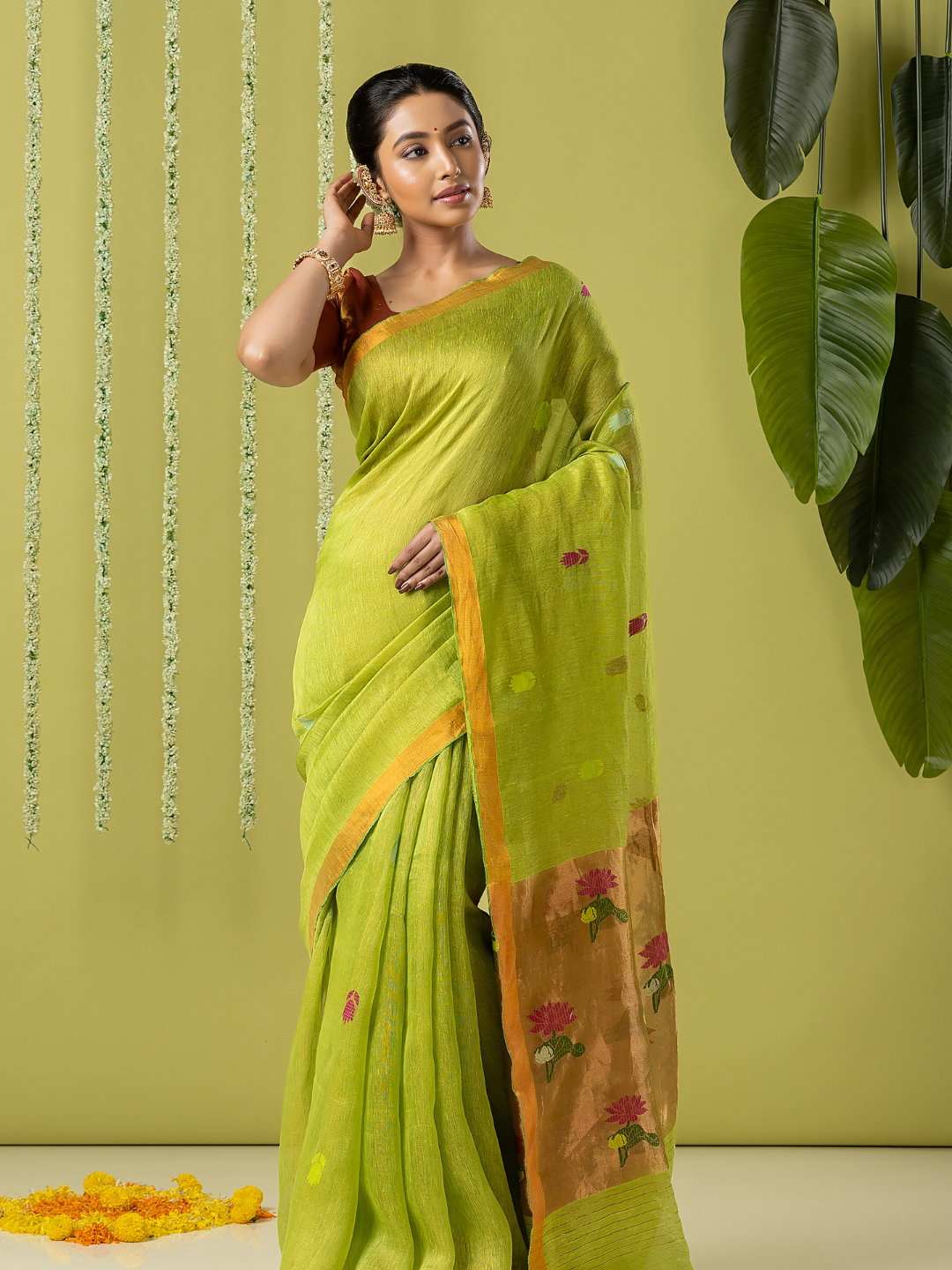 Handwoven Jamdani Silk Tissue Linen Saree | Lime Green