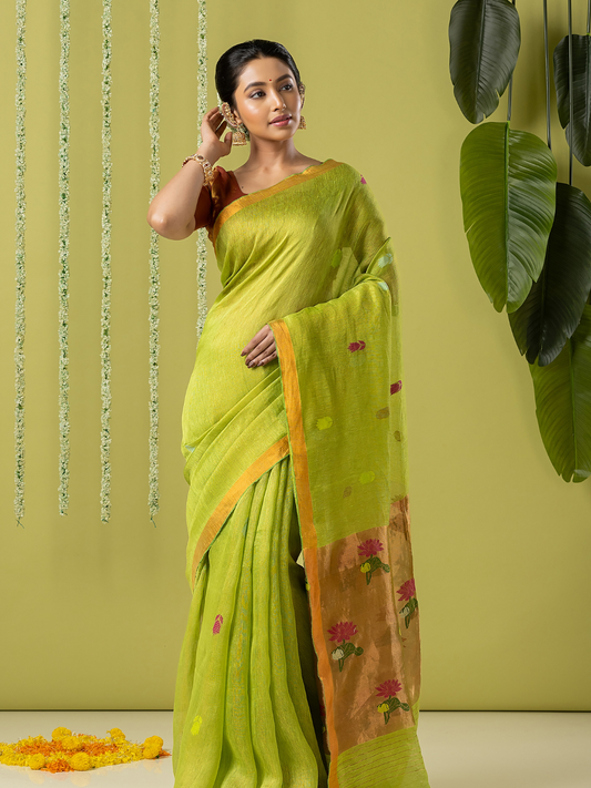 Handwoven Jamdani Silk Tissue Linen Saree | Lime Green
