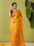 Handwoven Jamdani Silk Tissue Linen Saree | Marigold Orange