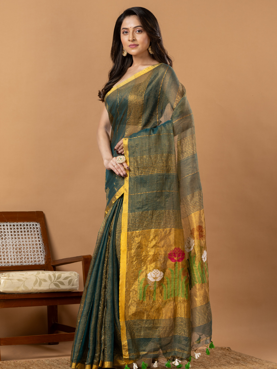 Handwoven Jamdani Silk Tissue Linen Saree | Deep Teal