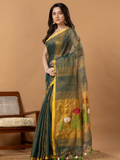 Handwoven Jamdani Silk Tissue Linen Saree | Deep Teal