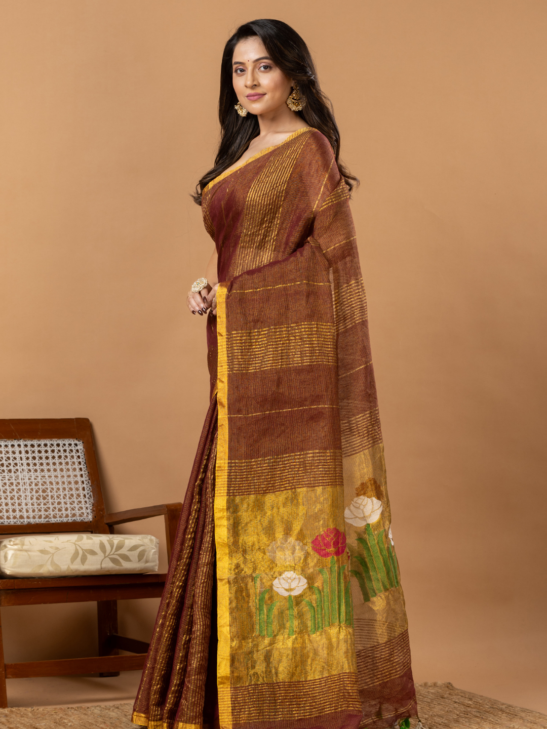 Handwoven Jamdani Silk Tissue Linen Saree | Copper Brown