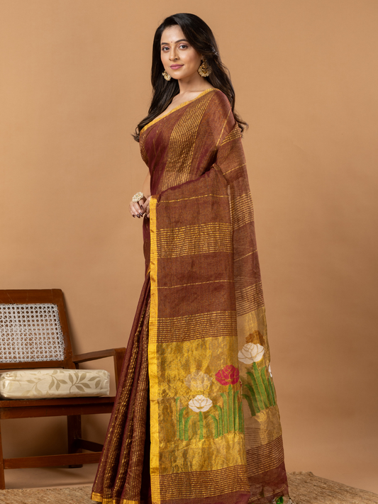 Handwoven Jamdani Silk Tissue Linen Saree | Copper Brown