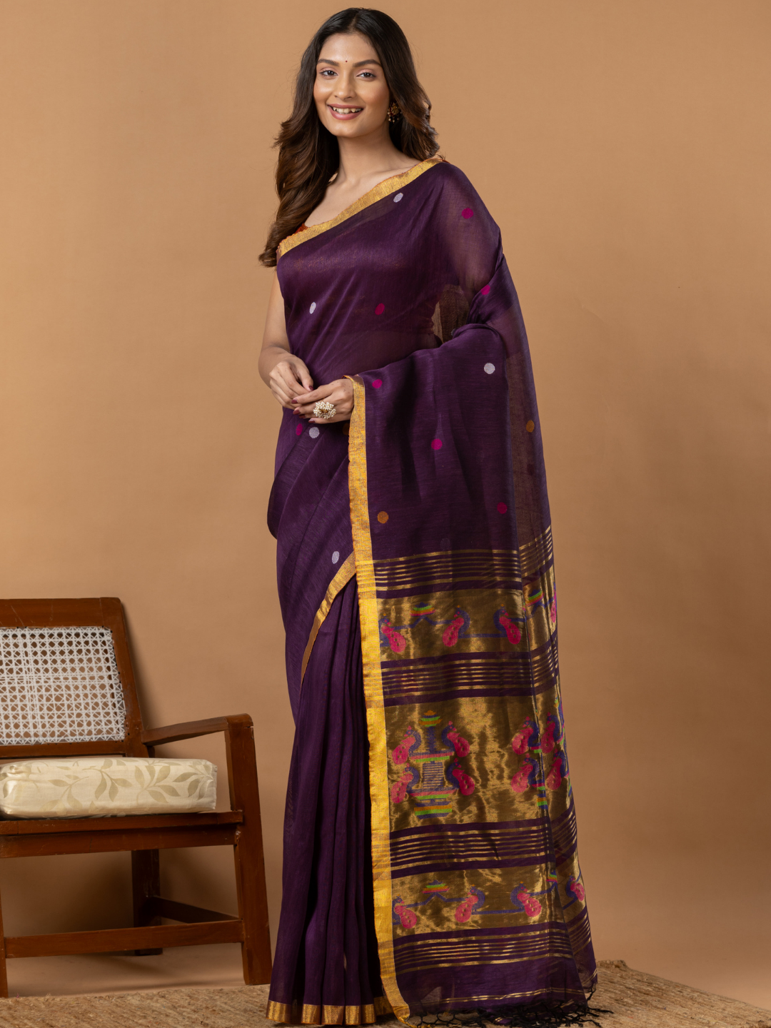 Handwoven Jamdani Silk Tissue Linen Saree | Royal Purple