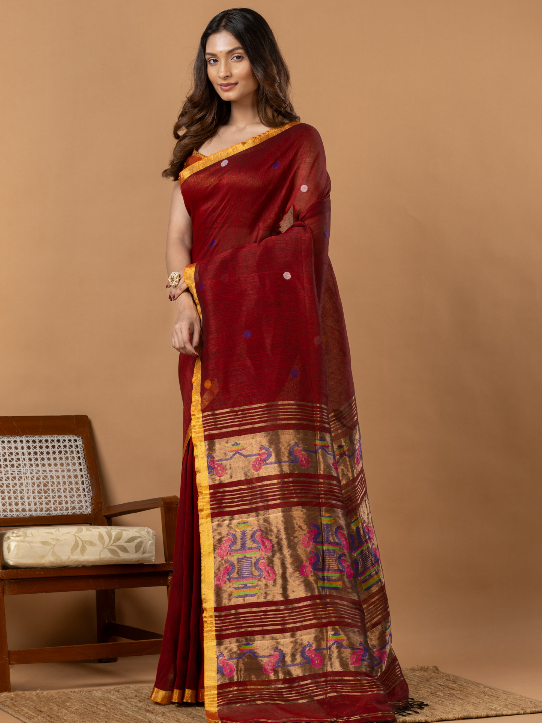 Handwoven Jamdani Silk Tissue Linen Saree | Deep Red