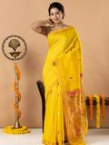 Handwoven Jamdani Silk Tissue Linen Saree | Bright Yellow