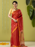 Handwoven Jamdani Silk Tissue Linen Saree | Classic Red