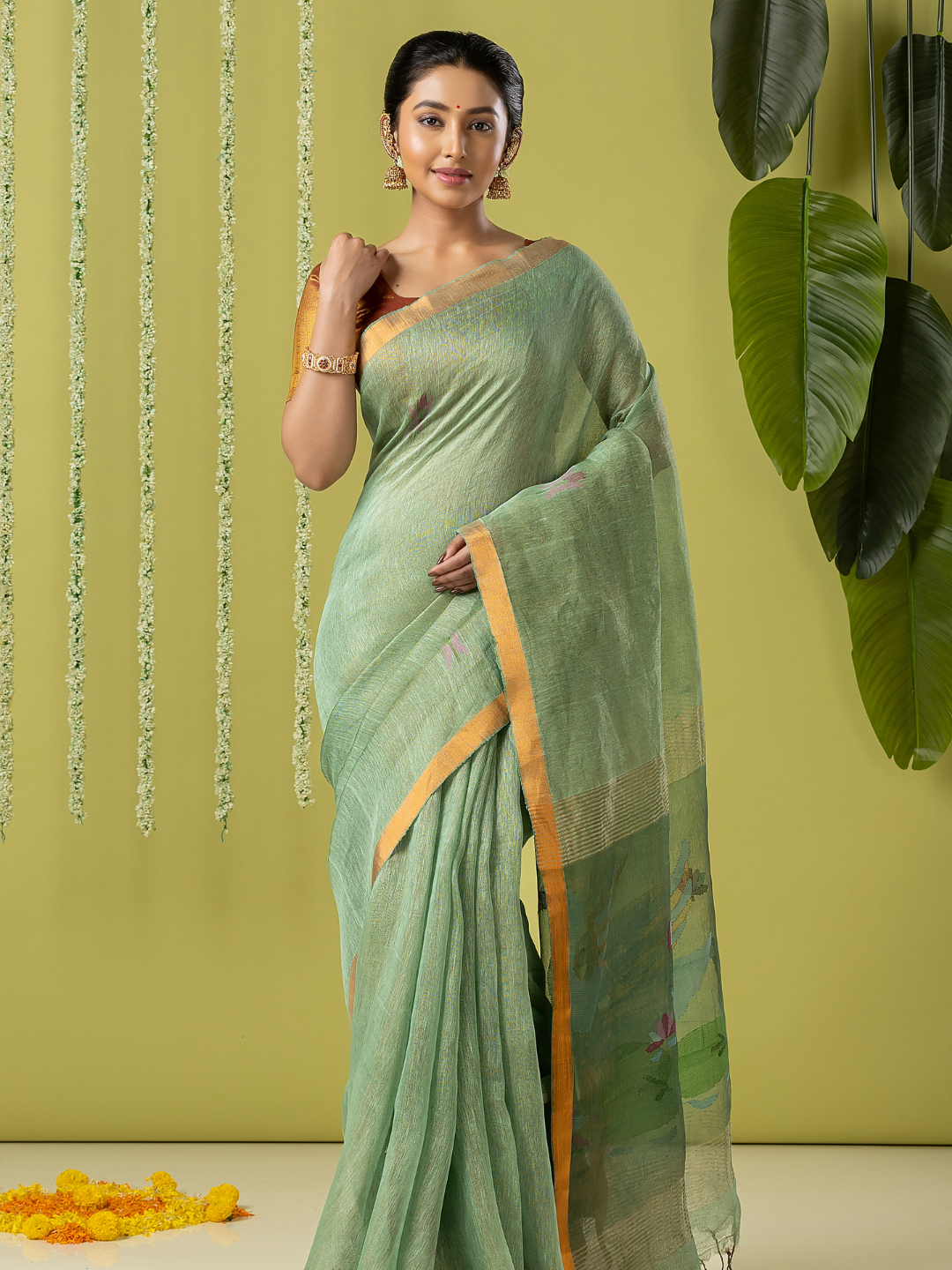 Handwoven Jamdani Silk Linen Saree | Sage Green
