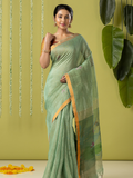 Handwoven Jamdani Silk Linen Saree | Sage Green