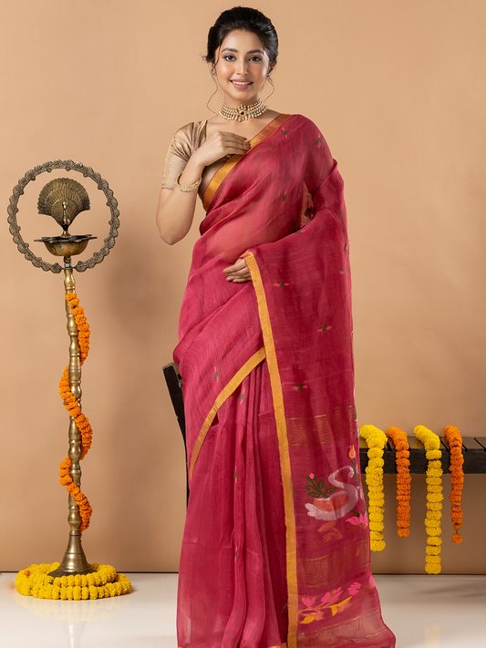 Handwoven Jamdani Silk Linen Saree | Rose Pink