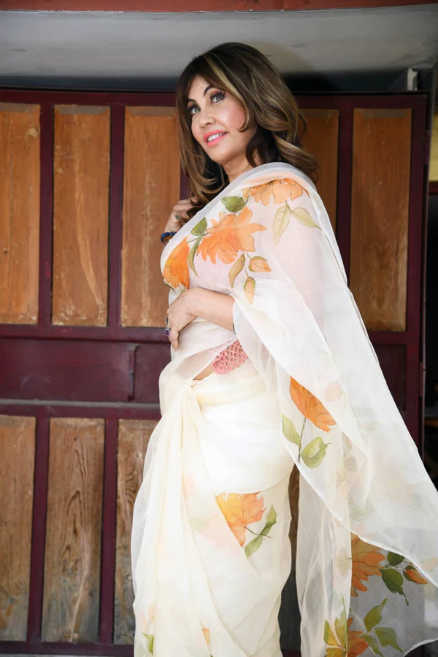 The Orange Floral Garden on Ivory White-Organza Hand-painted Saree-011