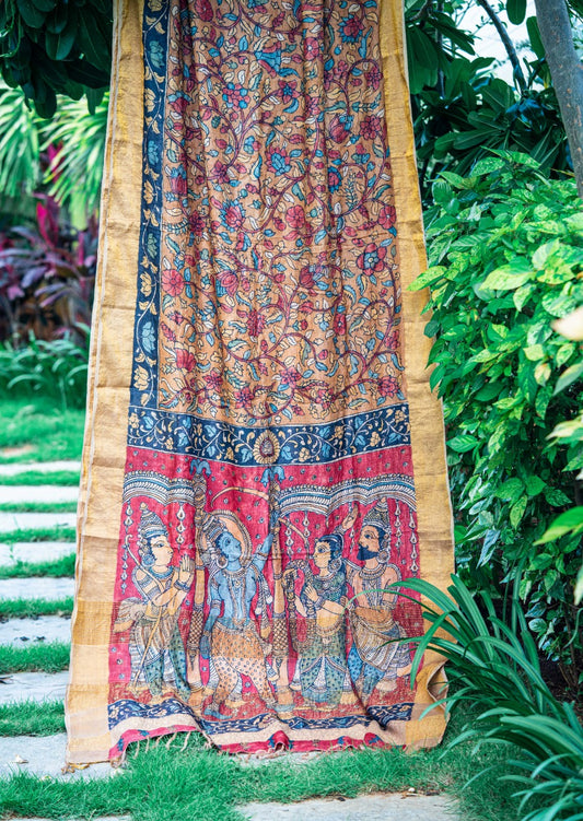 Traditional Handpainted Pen Kalamkari Tussar Silk Saree  |  Copper Orange