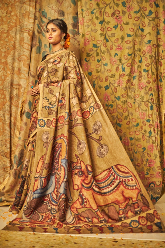 Traditional Handpainted Pen Kalamkari Tussar Silk Saree  |  Honey Yellow