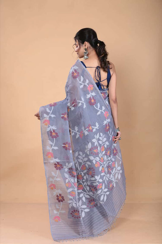 Muslin Jamdani Saree with Capri Blue-128