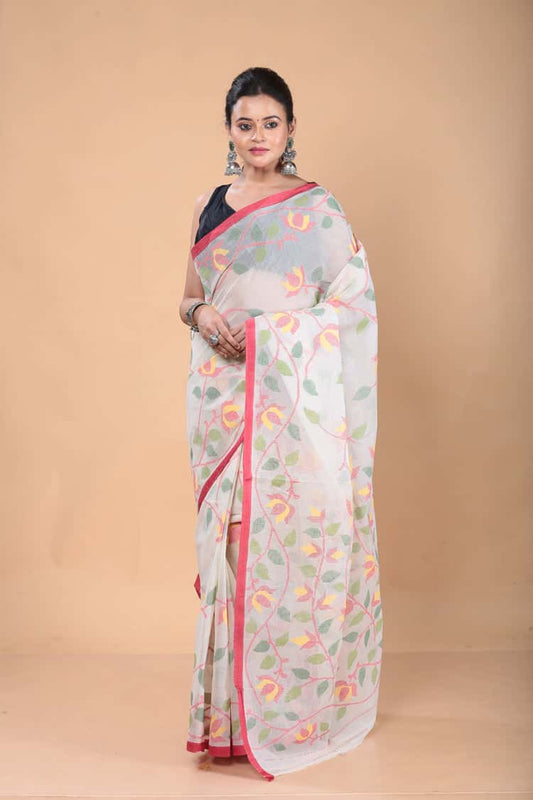 Handwoven Pure Jamdani Muslin Saree  |  Linen Beige