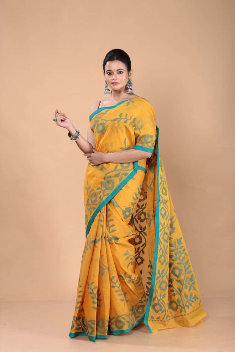 Handwoven Pure Jamdani Muslin Saree  |  Mustard Yellow