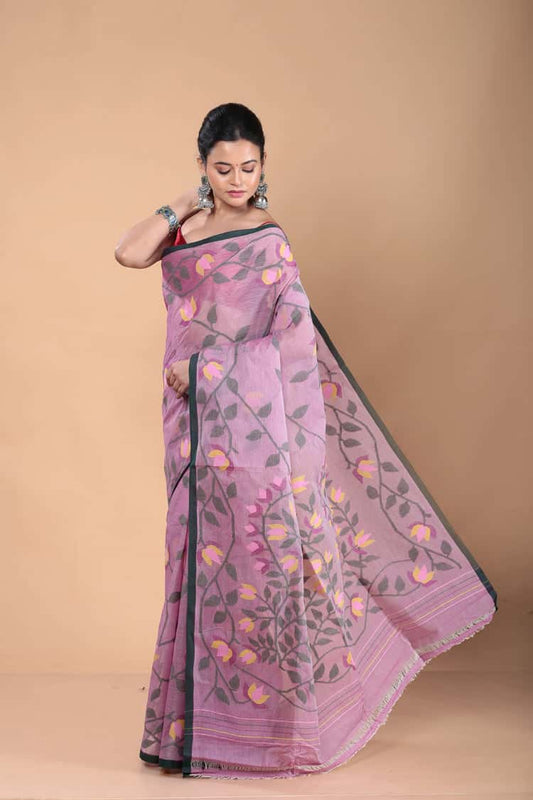 Handwoven Pure Jamdani Muslin Saree  |  Berry Pink