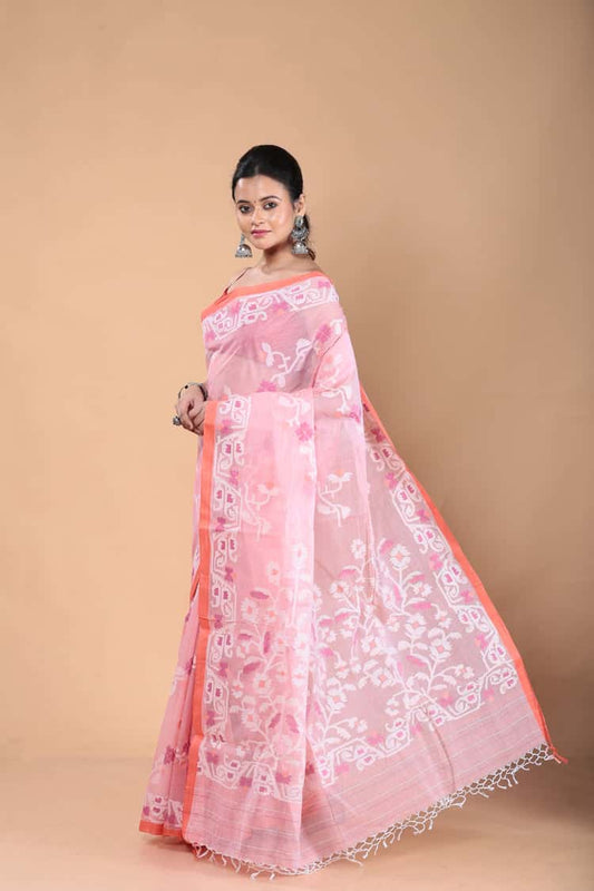 Handwoven Pure Jamdani Muslin Saree  |  Baby Pink
