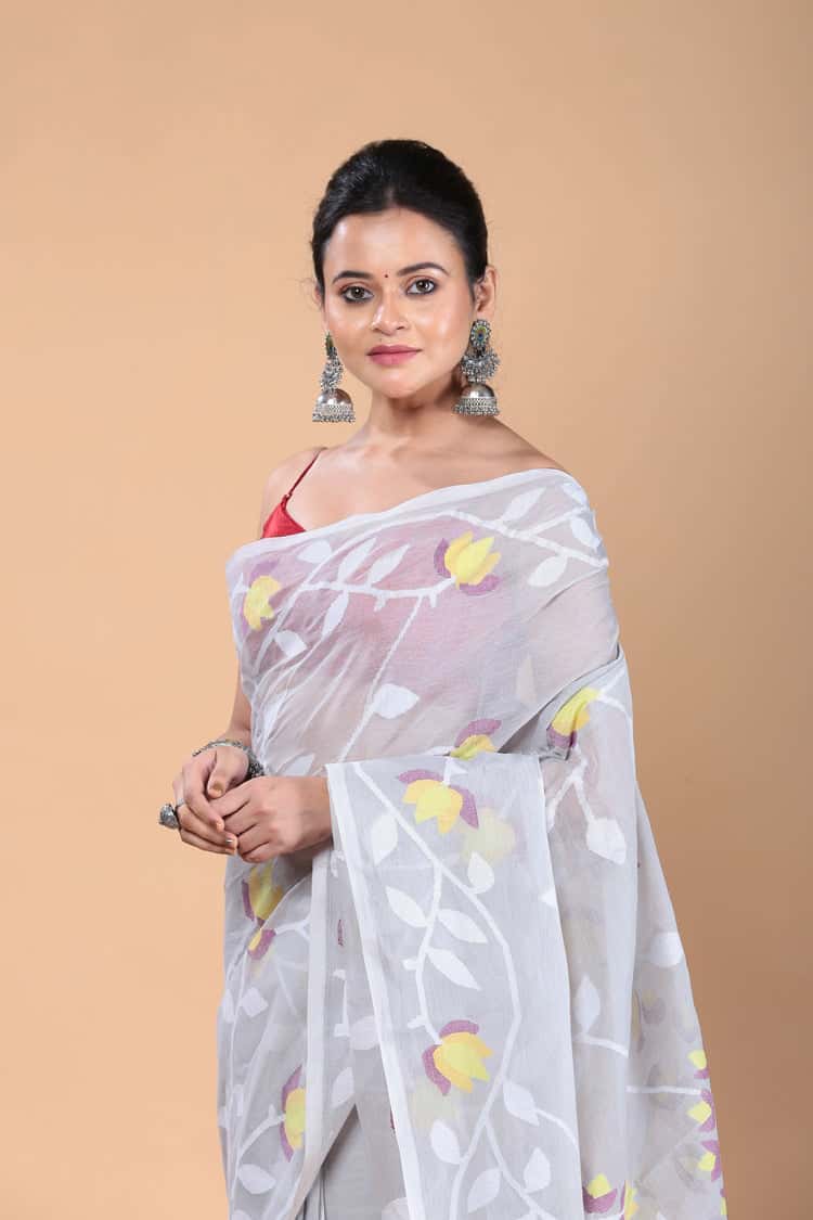Gainsboro Color Muslin Jamdani Saree-109 - indeloom