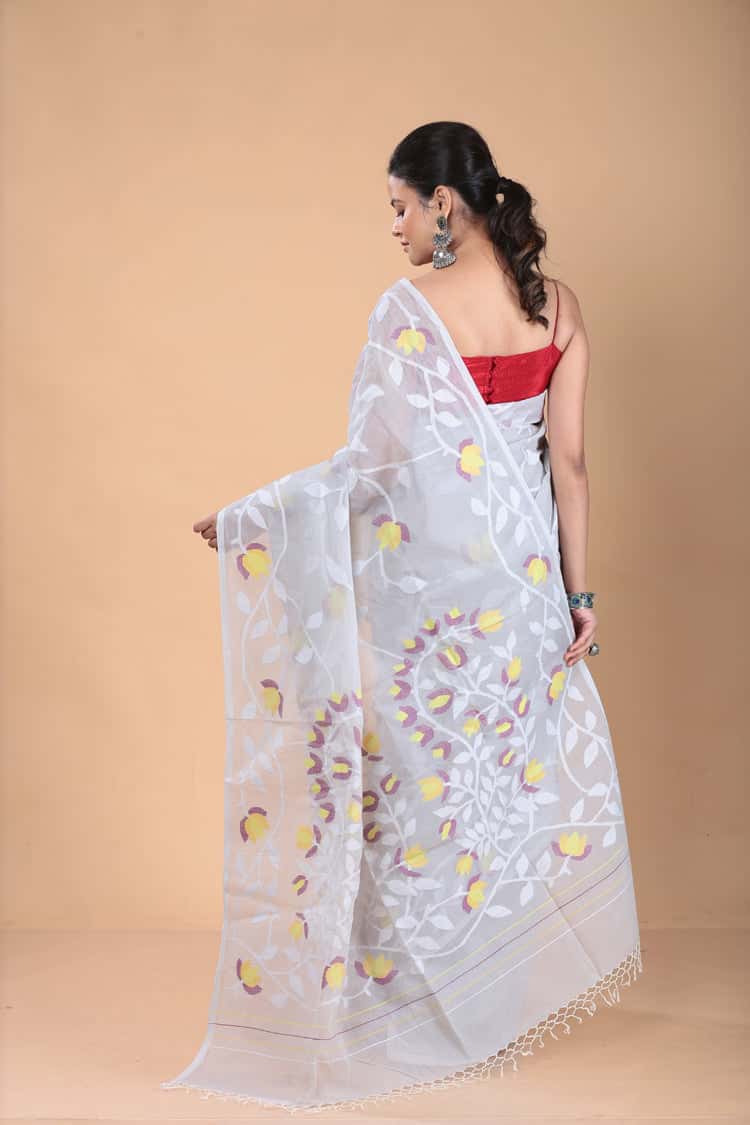 Gainsboro Color Muslin Jamdani Saree-109 - indeloom