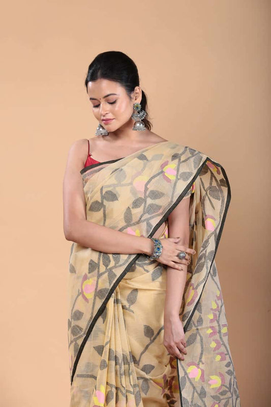 Hand Made Muslin Jamdani Saree With Sandy Brown - 106