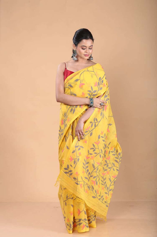 Handwoven Pure Jamdani Muslin Saree  |  Sun Yellow