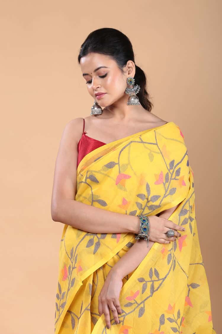 Hand Made Muslin Jamdani Saree With Yellow Classic - 103