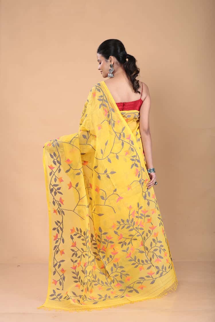 Hand Made Muslin Jamdani Saree With Yellow Classic - 103