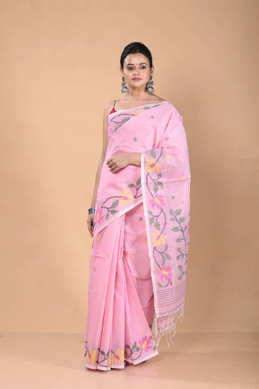 Handwoven Pure Jamdani Muslin Saree  |  Baby Pink