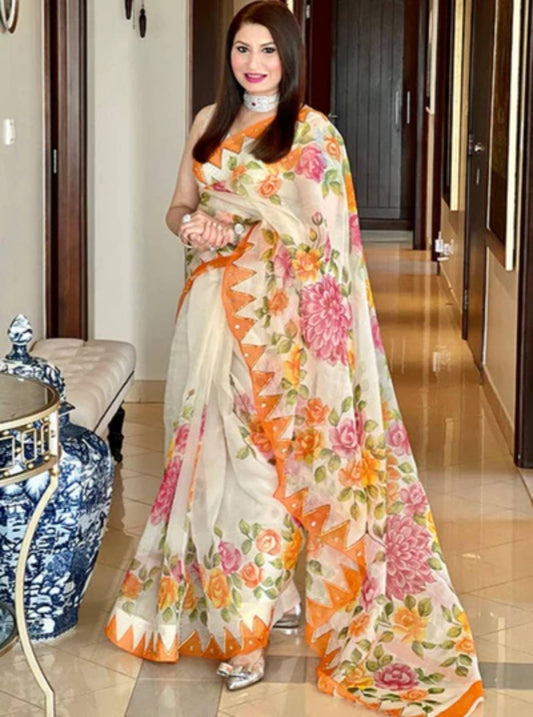 Hand Painted Roses and Dahila Floral Designer Organza Saree With - Hand Embroidery Gota (Pre-Order)Saree