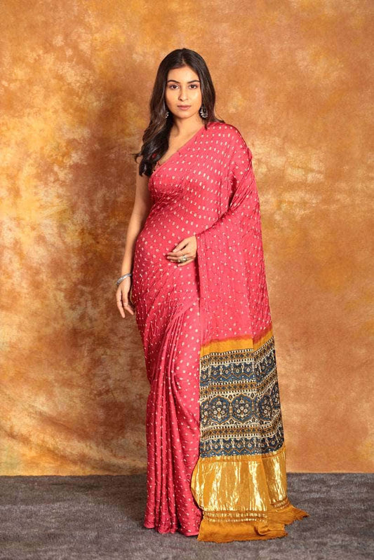 Ajrakh x Bandhini Rani Pink Saree - 005 - indeloom