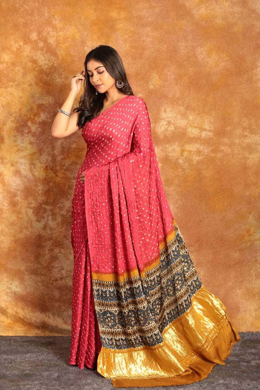 Ajrakh x Bandhini Rani Pink Saree - 005 - indeloom