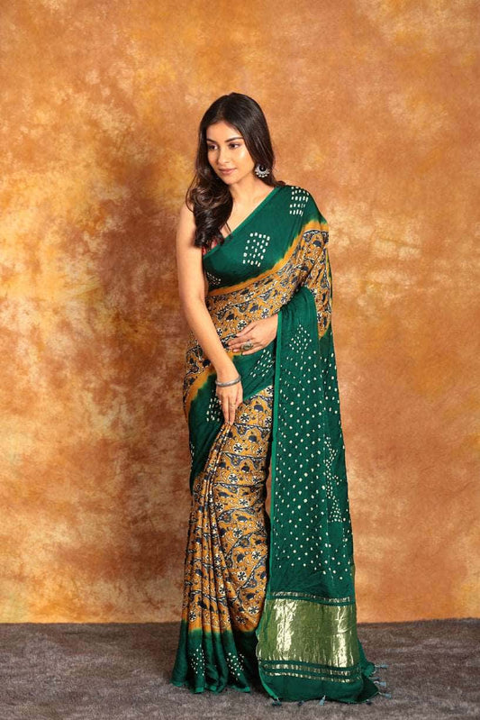 Ajrakh x Bandhini Green Saree-007 - indeloom