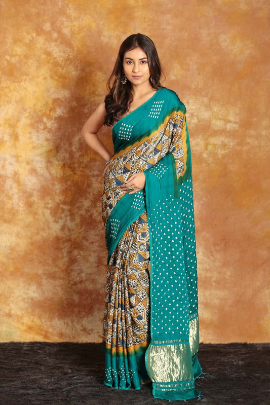 [PRE-ORDER] Ajrakh x Bandhini Teal Green Saree - 008
