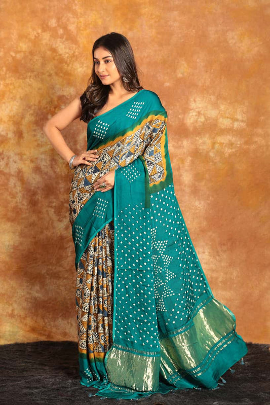 [PRE-ORDER] Ajrakh x Bandhini Teal Green Saree - 008