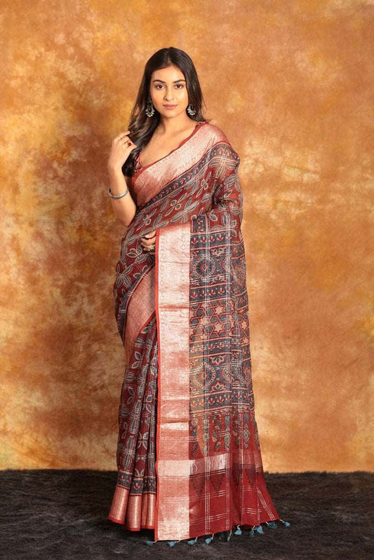 Ajrakh HALDI Exclusive Chanderi Saree - 011 - indeloom