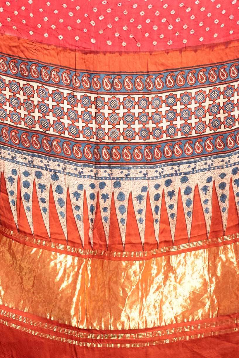 Ajrakh x Bandhini Rani Pink Saree-013 - indeloom